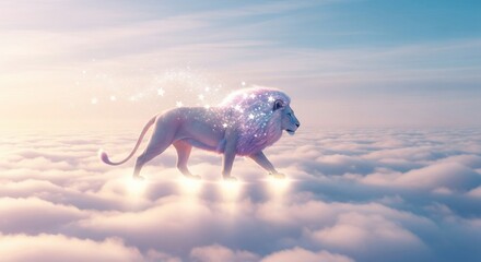 Ethereal Lion Striding Across Clouds with Starry Mane and Glowing Paws
