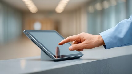 Fototapeta premium Biometric access for healthcare, A person interacts with a tablet device on a smooth surface in a modern, softly lit indoor environment.