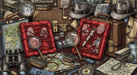 A cluttered scene with detective tools, maps, and magnifying glasses, creating a mystery.