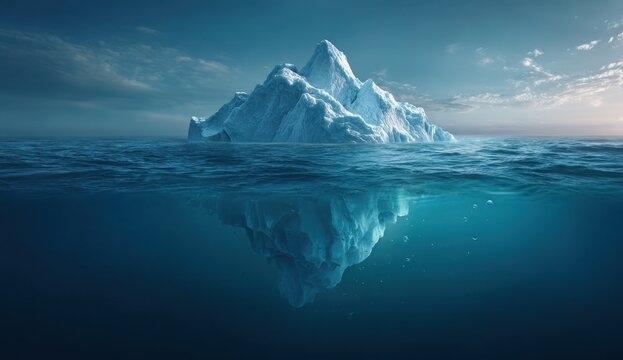 Majestic iceberg floats serenely in a vast, deep ocean, a breathtaking spectacle of nature's icy power.