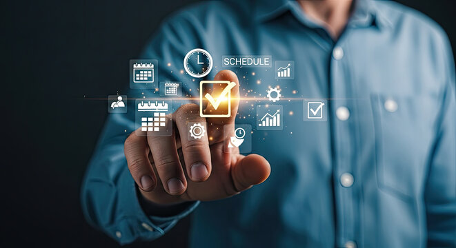 Man touches virtual schedule interface, planning tasks, time management, and productivity. Business efficiency and organization concept for microstock.