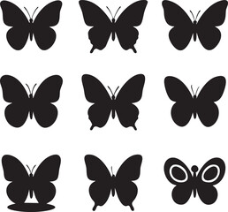 Butterfly Icon Set Vector, Group of Silhouette Butterflies on Transparent Background