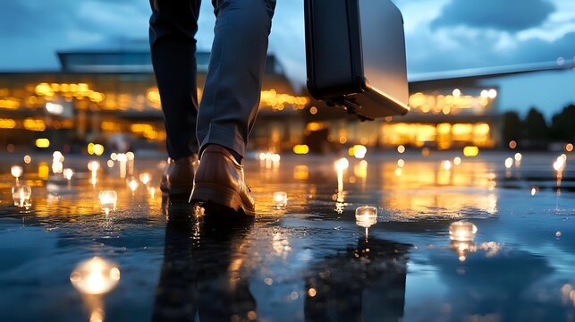 Business person walking on wet reflective surface with city lights creating magical bokeh effect at dusk, capturing urban romance and evening atmosphere. - Powered by Adobe