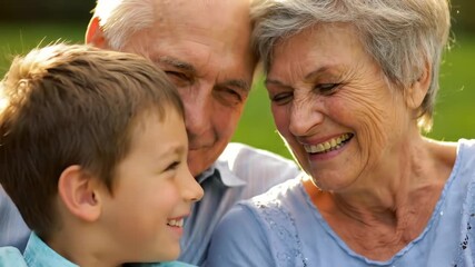closeup on elderly happy man and woman with grandson having picnic in park, laughing at sunny weather. national grandparents day. senior activity and leisure