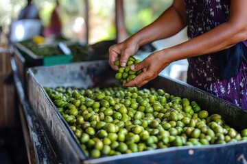 Obraz premium Dark-skinned adult hands sorting fresh green olives in a metal bin outdoors