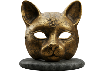 Isolated Golden Cat Mask on Stone Pedestal