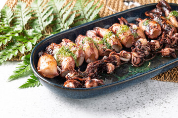 Grilled squid with chimichurri sauce on elegant serving dish