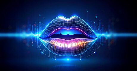 Ai voice generator. Lips of a robotic person with dynamic glowing elements lines and dots on a dark background in blue, black and purple tones. AI generated music. Natural language processing. Banner