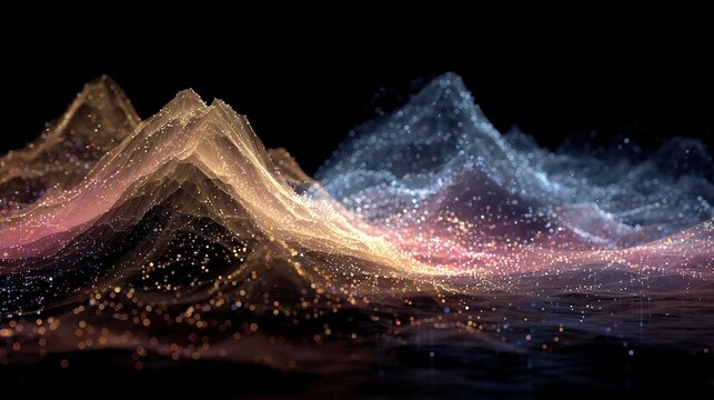 Abstract landscape of golden and blue mountains formed by glowing particles with dark background and complex digital connections. - Powered by Adobe
