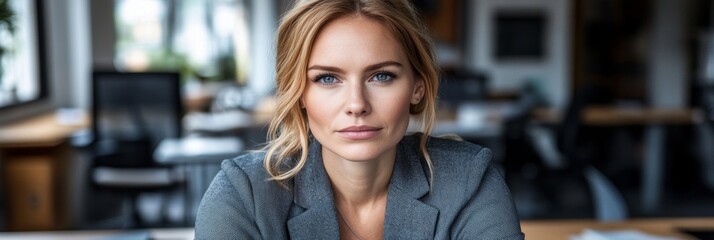 Obraz premium Confident blonde businesswoman in a modern office, ready to tackle challenges and provide solutions.