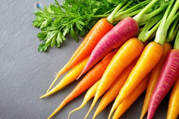 Fresh Orange Yellow Purple Carrots with Green Tops on Dark Grey Background