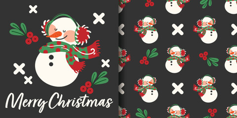 Christmas holiday banner and seamless pattern of cute snowman wearing earmuffs and scarf decorated with holly branches and white crosses on black background.