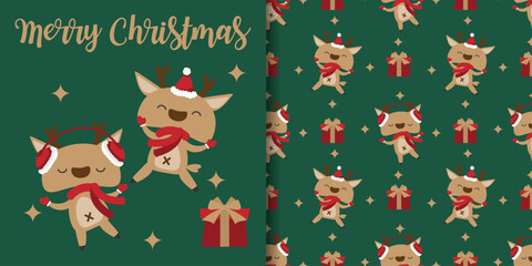 Christmas holidays banner and seamless pattern of cute reindeer wearing red scarf, Santa hat and earmuffs with stars, gift box and Merry Christmas text on green background.