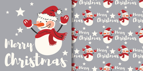 Christmas holiday banner and seamless pattern of cute snowman wearing Santa hat and red scarf with Merry Christmas text and stars on light gray background.