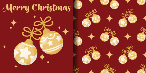 Christmas holiday banner and seamless pattern of cute Christmas balls with stars pattern and Merry Christmas text on red background.