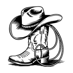 Vector Illustration Frame from rope lasso with cowboy boots and hat in engraving style. Design element for poster, card, banner, sign