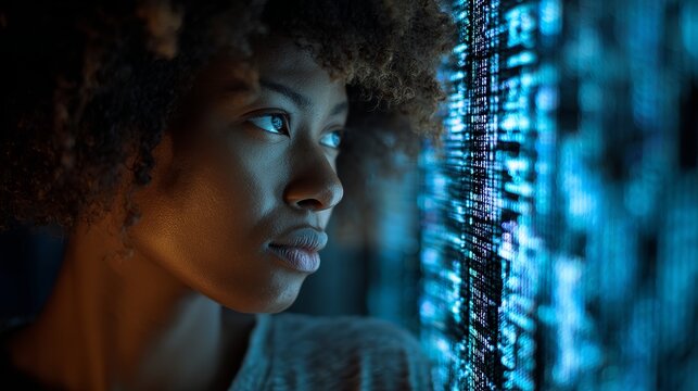 Pensive woman studies glowing data streams, digital information reflecting in her eyes, the future of tech is here.