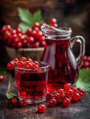 Redcurrant juice with fresh redcurrants on rustic wooden table