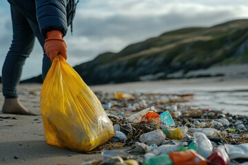 Individual Cleaning Up Litter From Beach with Yellow Trash Bag
