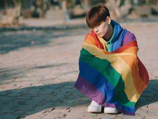 Young non binary person sitting alone with rainbow flag, feeling lonely