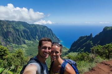 Happy Couple Taking Selfie on Mountain Overlooking Ocean View