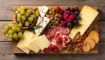 Elegant charcuterie board with assorted cheeses, meats, fruits, nuts, and crackers arranged on a wooden platter