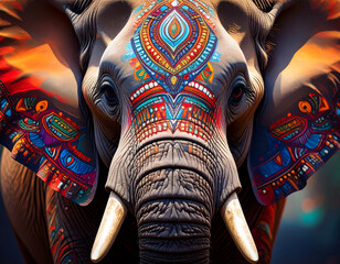 Elephant close up shot with tribal paint on the head and ears