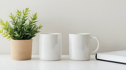 Two White Mugs, Green Plant in Woven Pot, and Black and White Book on Table