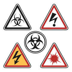 Hazard Warning Signs Biohazard, Electrical, Laser, and High Voltage Symbols