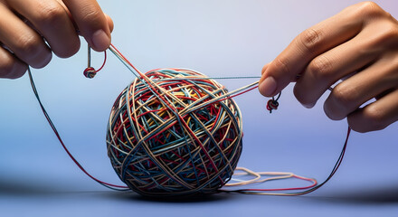 Two hands work together to untangle a large messy ball of colorful string symbolizing problem-solving