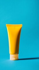 Vibrant Yellow Sunscreen Tube on Azure Blue Background Minimalist Summer Skincare Essential Still Life