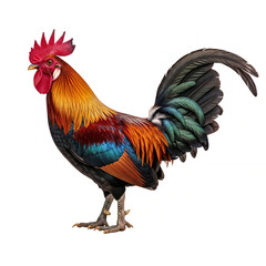 Fototapeta premium Colorful Rooster Standing on White Background, Generative AI