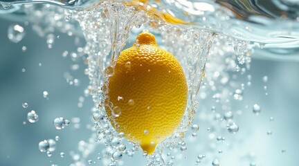Lemon plunges into clear water creating splash and bubbles in vibrant underwater setting