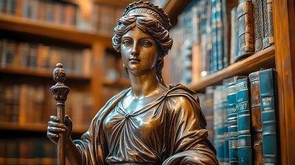 Obraz premium Bronze statue of classical goddess holding torch in traditional library setting with antique books and wooden shelves, dramatic lighting creates scholarly atmosphere.