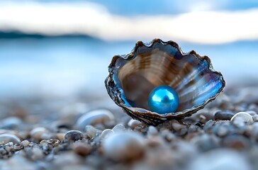 Open seashell with bright blue pearl on beach pebbles against blurred ocean background, magical nature composition capturing rare marine treasure in natural light.