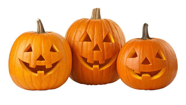 Three bright orange carved pumpkins glow with warm light, showing happy faces, isolated on a transparent PNG background for easy use.