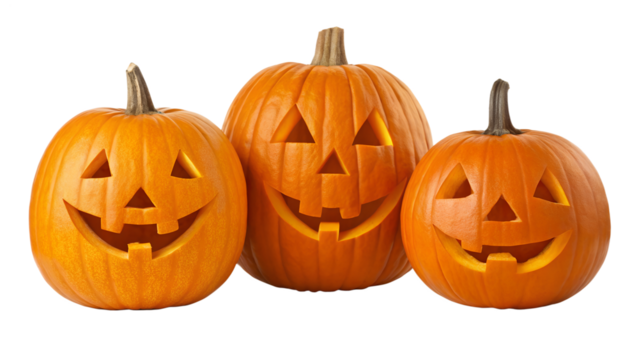 Three bright orange carved pumpkins glow with warm light, showing happy faces, isolated on a transparent PNG background for easy use.