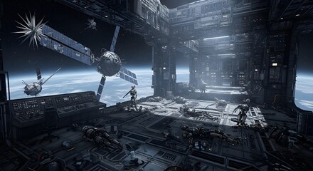 Futuristic space station interior, with astronauts and orbiting satellites.
