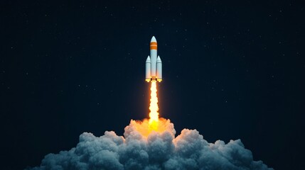 Powerful rocket launching from earth surrounded by smoke and fire at night with stars in the background, representing space exploration and new frontiers