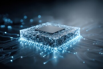 A futuristic wireframe illustration of a computer processor (CPU) placed on a circuit board with a glowing blue light, symbolizing advanced technology and data processing.