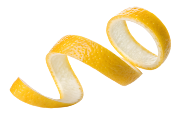 A bright yellow lemon peel spirals gracefully, appearing isolated and floating on a transparent background, perfect as a clean PNG image.