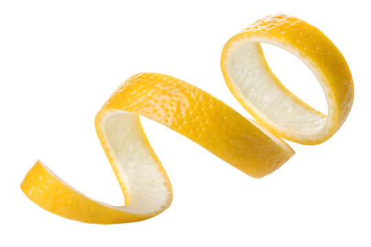 A bright yellow lemon peel spirals gracefully, appearing isolated and floating on a transparent background, perfect as a clean PNG image. - Powered by Adobe