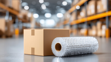 Brown cardboard box and bubble wrap roll in a spacious warehouse environment with blurred background during daylight hours
