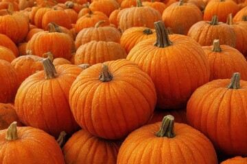 Field of bright orange pumpkins with thick stems. Use it for autumn, Thanksgiving, or Halloween projects.