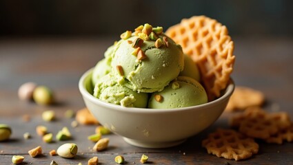 Bolas de helado de pistacho reposa en un delicado cuenco de cerámica de color crema