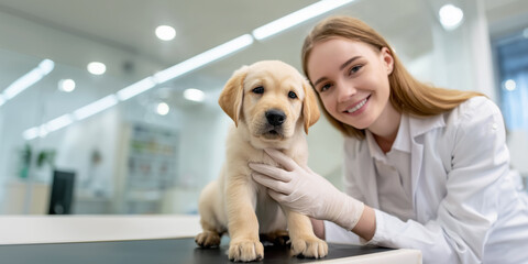 Happy veterinarian with a cute Labrador puppy in a modern clinic environment, showcasing pet care and health checkup moments in a bright space