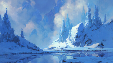 Surreal icy landscape with jagged blue trees, digital painting, fantasy style, soft lighting