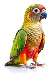 Vibrant portrait of a colorful parrot standing against a bright white background