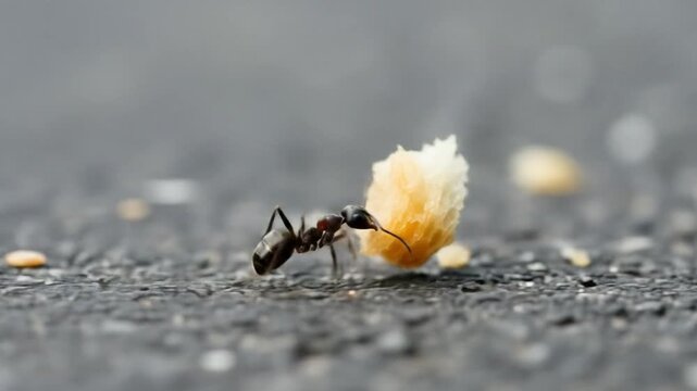 Focused ant carrying bread on asphalt showcasing determination and teamwork in nature