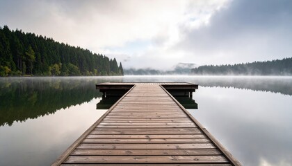 Fototapeta premium Wooden Pier Leading To Misty Lake